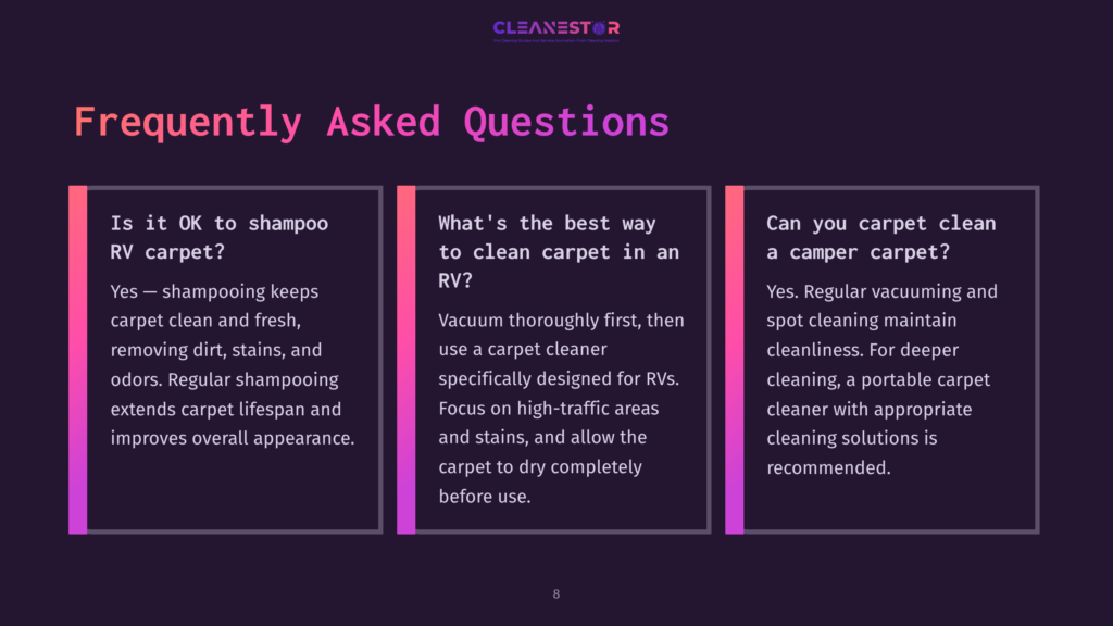 A Dark Purple Background Features A Graphic With Three Sections Of Frequently Asked Questions About Rv Carpet Cleaning. The Text &Quot;Cleanestor&Quot; Is At The Top. The Sections Ask: &Quot;Is It Ok To Shampoo Rv Carpet?&Quot;, &Quot;What'S The Best Way To Clean Carpet In An Rv?&Quot;, And &Quot;Can You Carpet Clean A Camper Carpet?&Quot;.