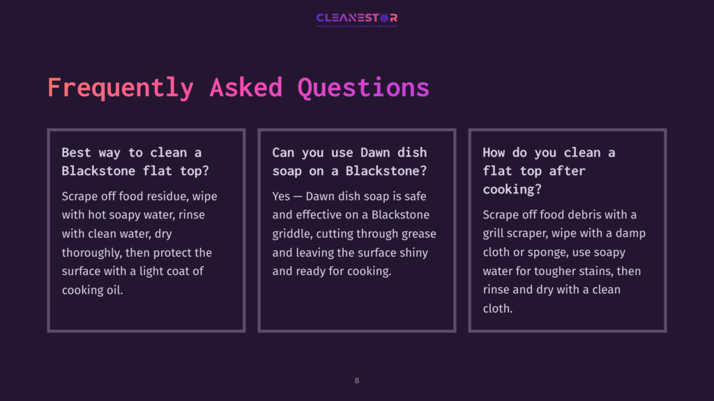Frequently Asked Questions About Cleaning A Blackstone Flat Top Grill, With Text Detailing Best Practices For Scraping, Washing, And Drying The Cooking Surface.