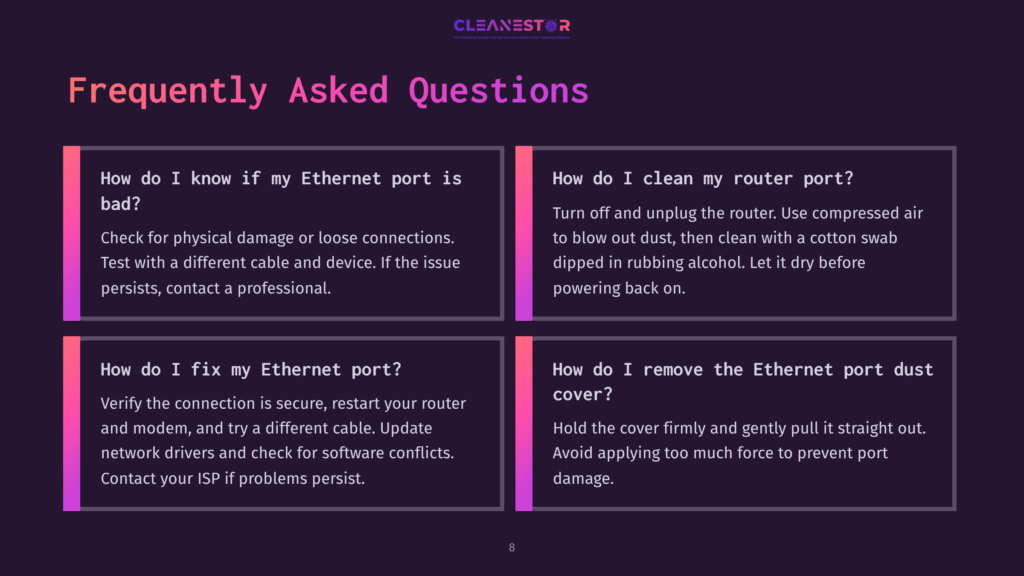 8 Frequently Asked Questions 68 Dark Purple Background With Four White Boxes Containing Frequently Asked Questions About Ethernet Ports, Cleaning Router Ports, Fixing Ethernet Ports, And Removing Ethernet Port Dust.