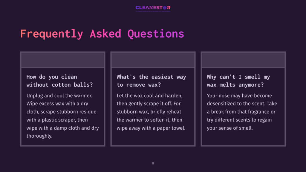 Frequently Asked Questions About Cleaning Without Cotton Balls, Removing Wax, And Why Wax Melts Might Not Smell Anymore. The Text Is On A Dark Purple Background With A Cleanestor Logo At The Top.