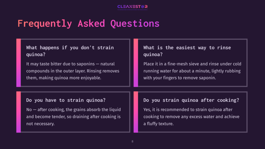 Text-Filled Infographic With A Dark Background. It Features Four Boxes With Questions And Answers About Rinsing And Cooking Quinoa, Using White And Purple Text.