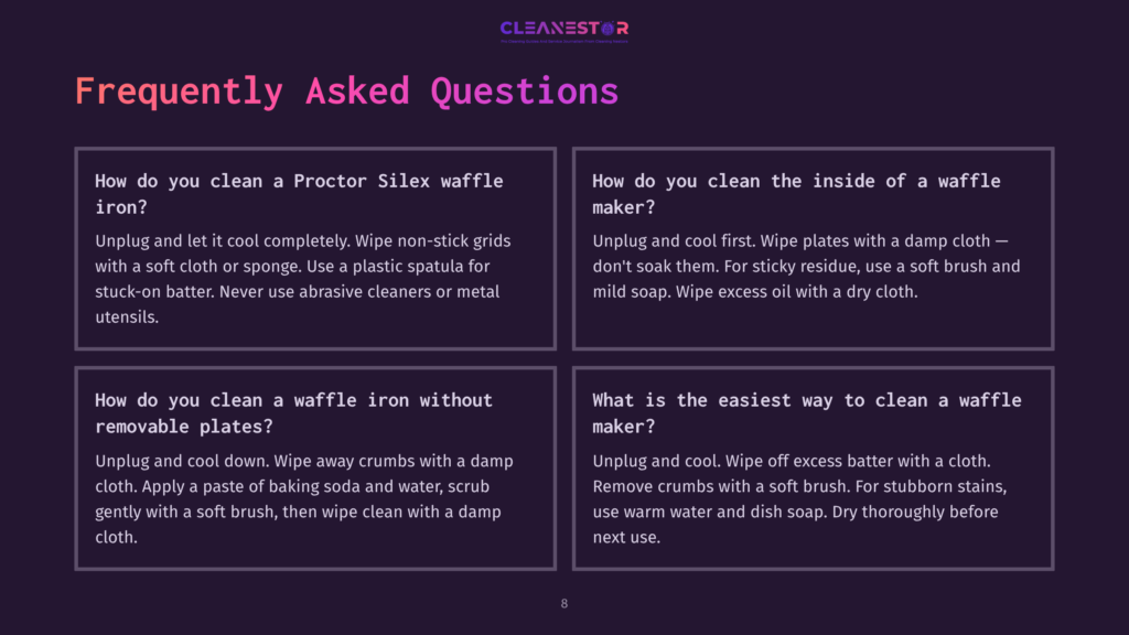 Faq Section With White Text On A Purple Background, Featuring Questions On Cleaning A Proctor Silex Waffle Maker And Waffle Irons.