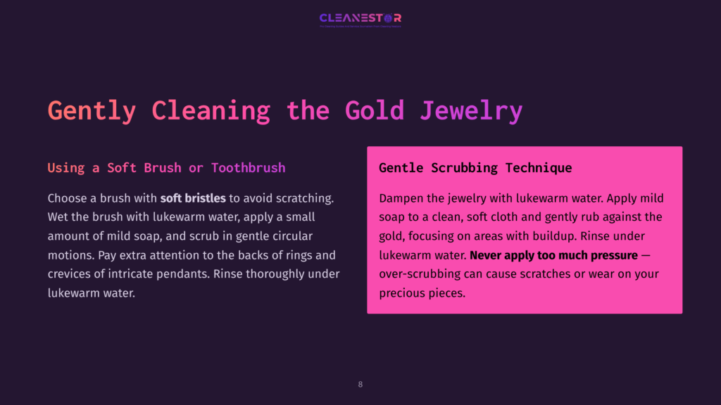 Cleanestor Logo With Text &Quot;Gently Cleaning The Gold Jewelry&Quot; And Instructions For Cleaning Gold Jewelry With Soft Brushes And Mild Soap In Lukewarm Water.