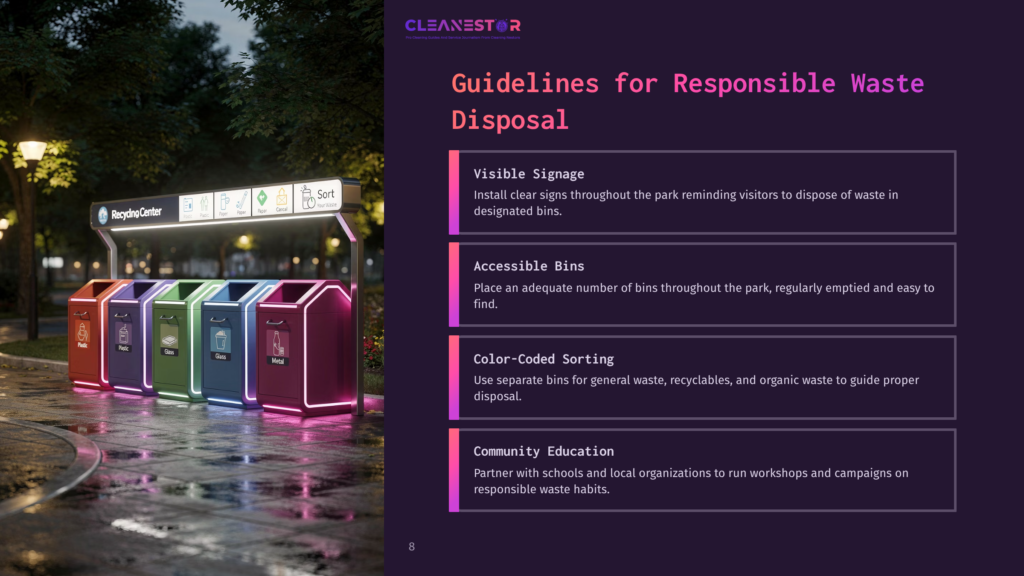 A Brightly Lit Park Scene Featuring Four Color-Coded Waste Bins Labeled For General Waste, Recyclables, And Organics, With Visible Signage.