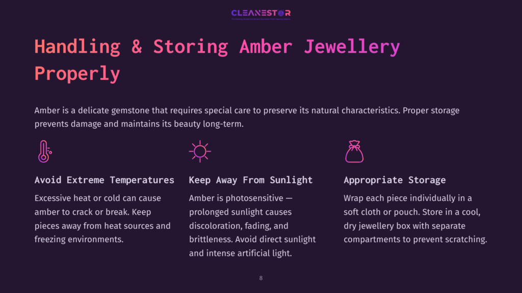 Textual Content On A Purple Background Detailing Amber Jewellery Care. Features Headings In White And Bullet Points In Pink.