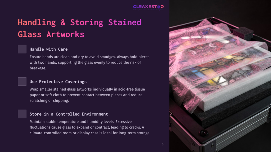 A Protective Case Containing Stained Glass Artworks, With Tissue Paper Separating Pieces, Featuring Vibrant Colors And A Dark Background.