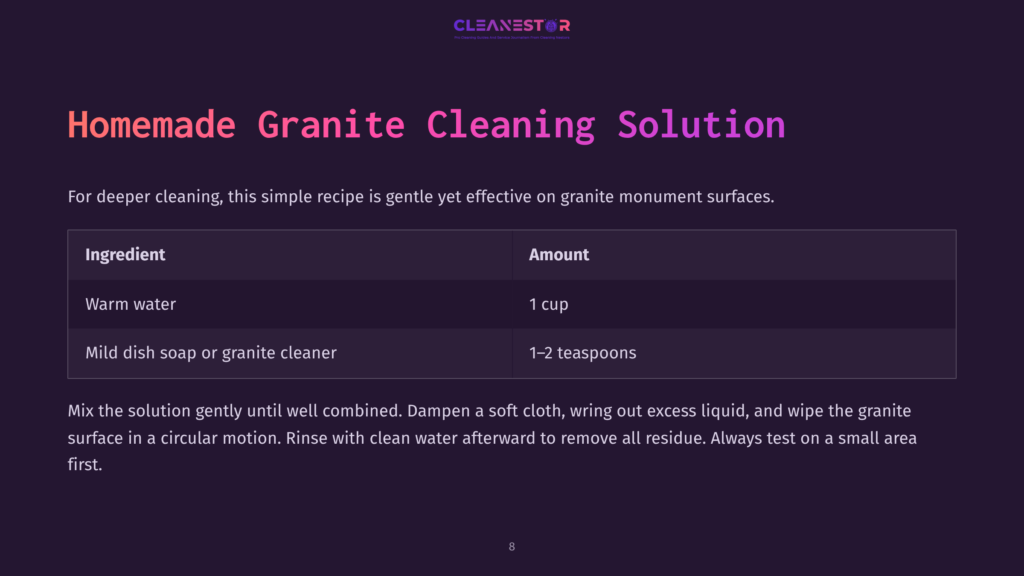 Recipe For Homemade Granite Cleaner With Warm Water, Dish Soap, And Mixing Instructions, On A Dark Background With Bold Text.