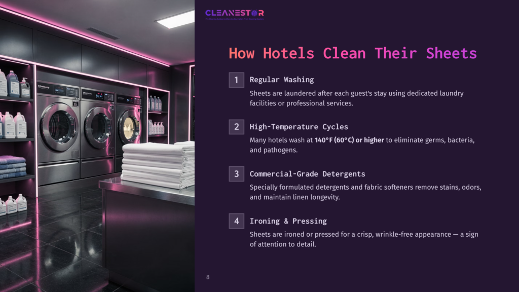 8 How Hotels Clean Their Sheets Cleanestor Logo And Text &Quot;How Hotels Clean Their Sheets&Quot; With Numbered Steps: 1. Regular Washing, 2. High-Temperature Cycles, 3. Commercial-Grade Detergents, 4. Ironing &Amp; Pressing. A Modern Hotel Laundry Room With Rows Of Commercial Washing Machines And Neatly Folded White Hotel Sheets On A Counter.