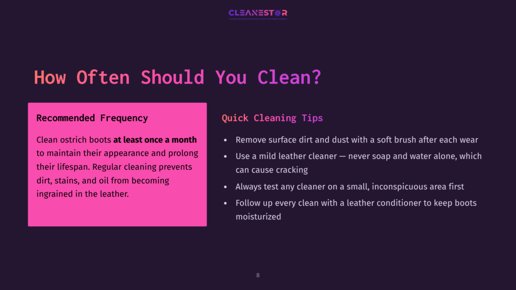 A Dark Purple Slide With The Title &Quot;How Often Should You Clean?&Quot; And A Pink Box With &Quot;Recommended Frequency&Quot; And &Quot;Quick Cleaning Tips&Quot; For Ostrich Boots.