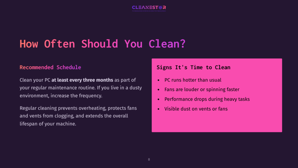 A Dark Background With A Pink Rectangle Displaying Cleaning Schedule Advice And Signs To Clean A Pc. Text Is Clear And Organized.