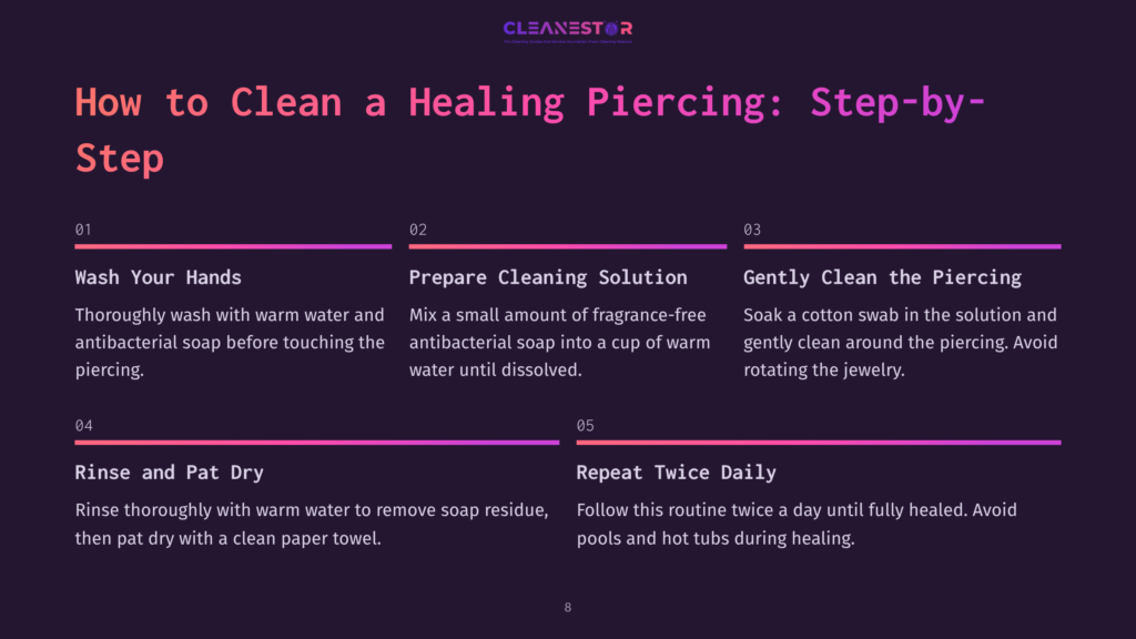 8 How To Clean A Healing Piercing Step By Step Step-By-Step Guide On Cleaning A Healing Piercing, Featuring Numbered Instructions, Purple And White Text On A Dark Background.