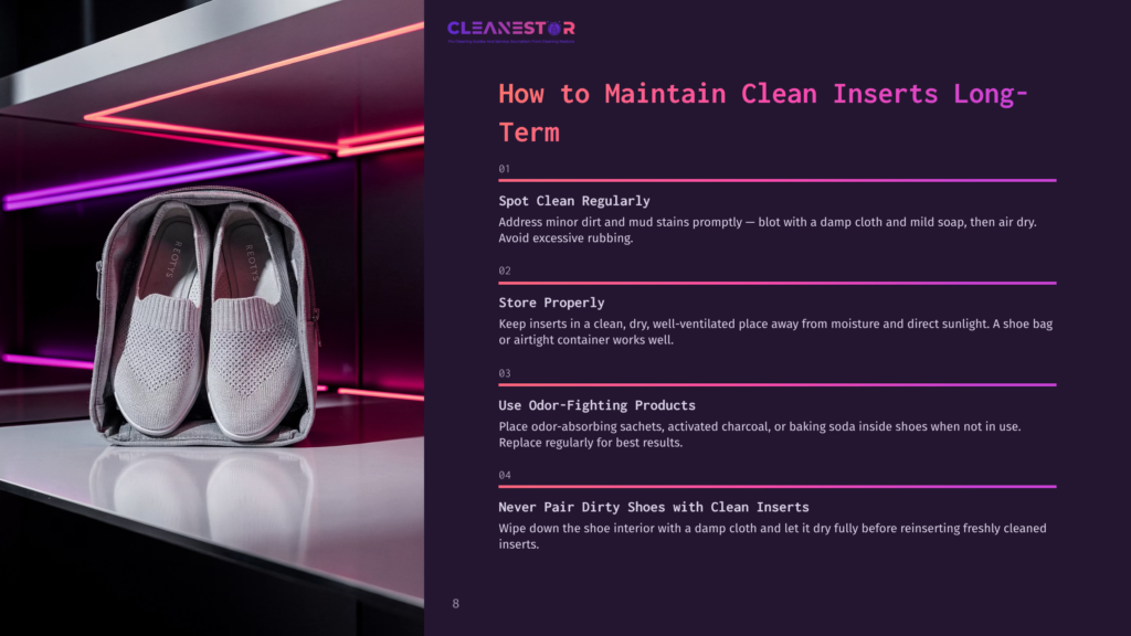 A Gray Shoe Bag With Mesh Sneakers Displayed, Surrounded By Pink And Purple Lighting, On A Dark Background With Cleaning Tips.