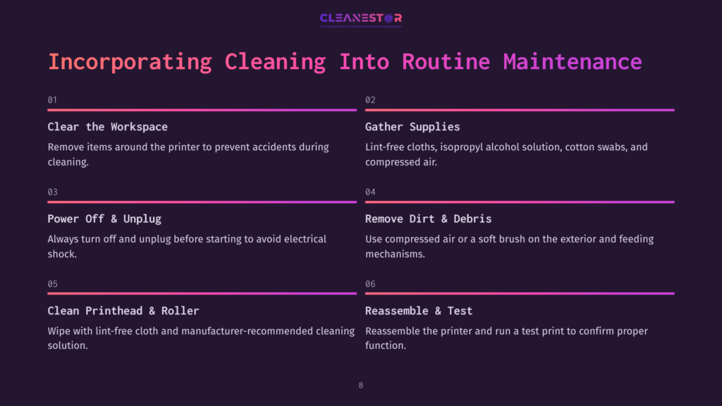 Step-By-Step Instructions For Cleaning A Thermal Printer, With Numbered Points In White Text On A Dark Background And Highlighted Purple Accents.
