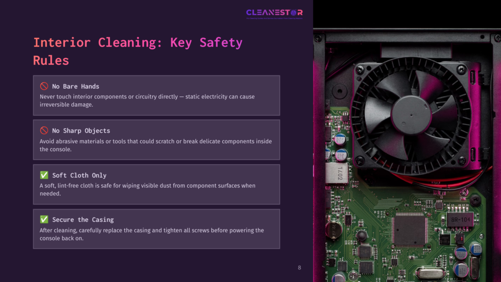 Close-Up Of An Open Computer Hard Drive, Revealing Internal Components Like A Fan, Circuit Board With Chips, And Screws. Text Overlays List &Quot;Interior Cleaning: Key Safety Rules,&Quot; Including &Quot;No Bare Hands,&Quot; &Quot;No Sharp Objects,&Quot; &Quot;Soft Cloth Only,&Quot; And &Quot;Secure The Casing.