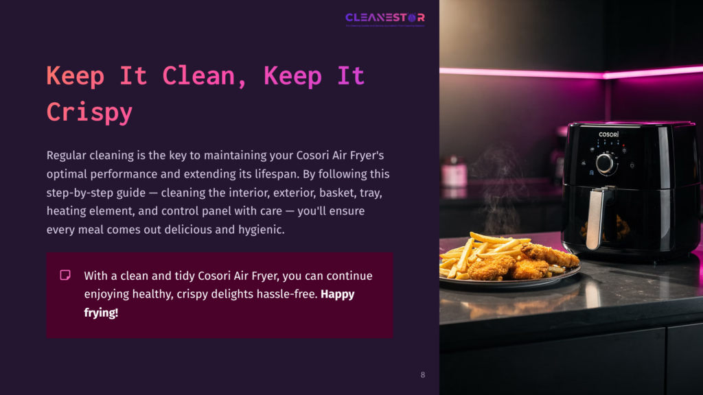 A Cosori Air Fryer, Black With A Digital Panel, Next To A Plate Of Crispy Golden Fries On A Wooden Surface With A Dark Background.