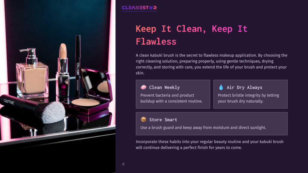 A Makeup Brush, Lipstick, Foundation Bottle, And Powder Compact Are Displayed On A Reflective Surface With Pink Lighting. Text Reads &Quot;Cleanestor&Quot; And &Quot;Keep It Clean, Keep It Flawless.