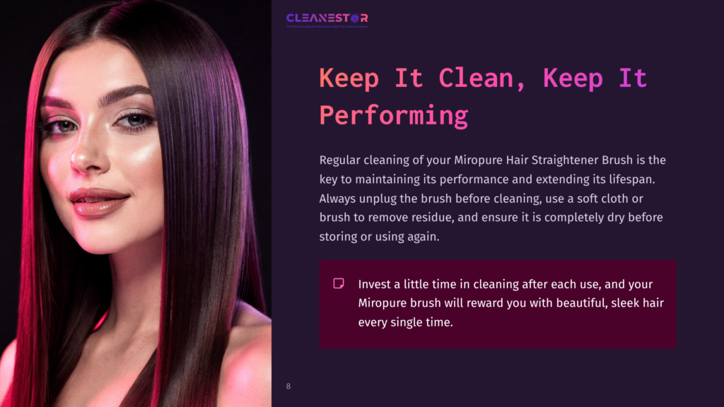 A Woman With Long, Straight Hair Smiles, Showcasing Shiny Hair Beside Text Highlighting Cleaning Tips For A Hair Straightener Brush.