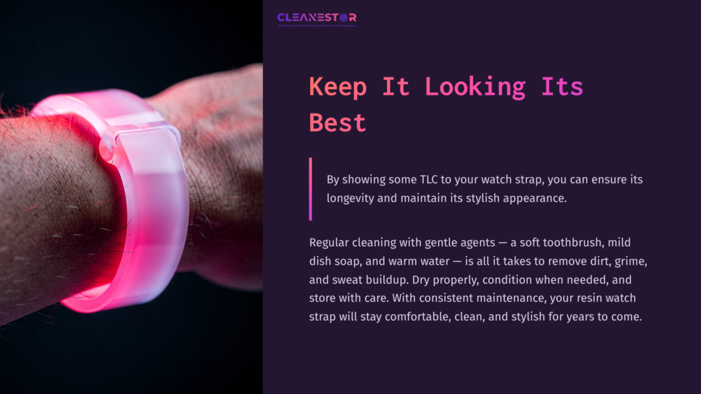 8 Keep It Looking Its Best A Pink Resin Watch Strap On A Wrist, Highlighted With A Purple Background, Emphasizing Care Tips For Maintaining Its Appearance.