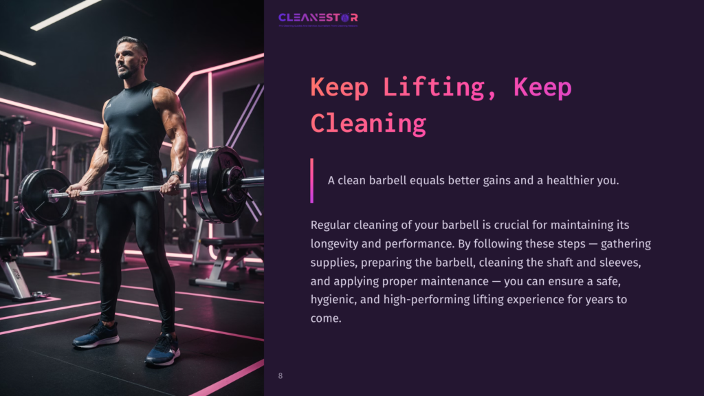 A Muscular Man Lifts A Barbell In A Gym Setting, With A Dark Background And Highlighted Text In Pink Describing Barbell Cleaning Tips.