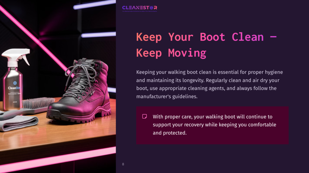 A Black Hiking Boot Next To A Cleaning Spray On A Purple Background, Highlighting Boot Care And Maintenance Tips.