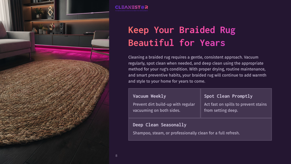 A Cozy Room Featuring A Braided Rug, With A Wood Floor, A Modern Couch, And Ambient Lighting Highlighting The Rug'S Texture And Color.