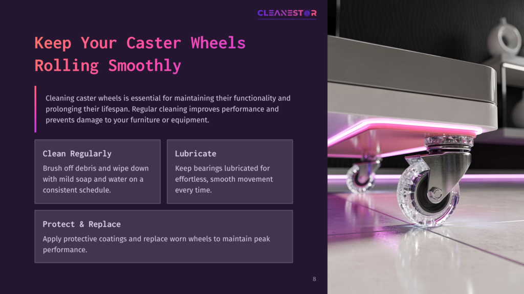 8 Keep Your Caster Wheels Rolling Smoothly A Close-Up Of A Caster Wheel On A Clean Surface, With Modern Purple Lighting, Showcasing The Wheel'S Clarity And Maintenance Tips Nearby.