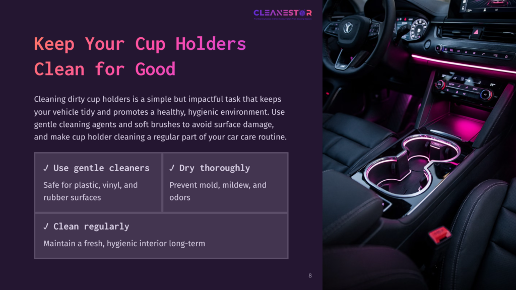 A Clean Car Interior Showcasing Cup Holders With A Stylish Black And Silver Console, Illuminated By Purple Ambient Lighting.