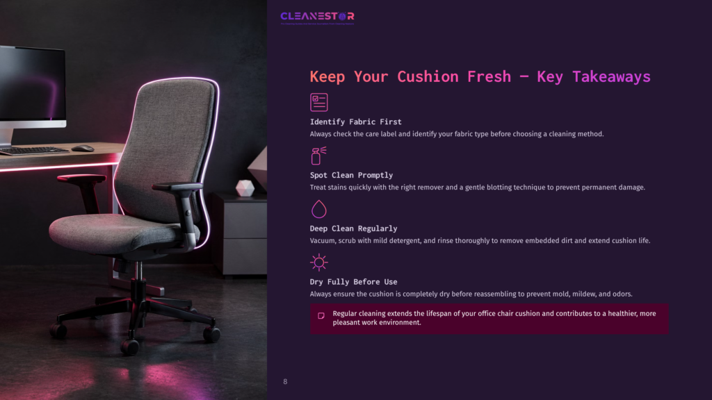 An Office Chair With A Gray Cushioned Seat, Positioned Against A Dark Background With Text Highlighting Cleaning Tips.