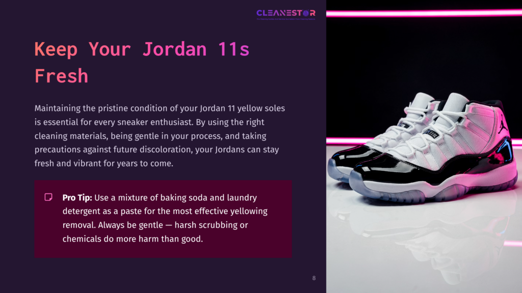 White And Black Jordan 11 Sneakers Resting On A Dark Surface, With Colorful Lighting In The Background And Cleaning Tips In Bold Text.