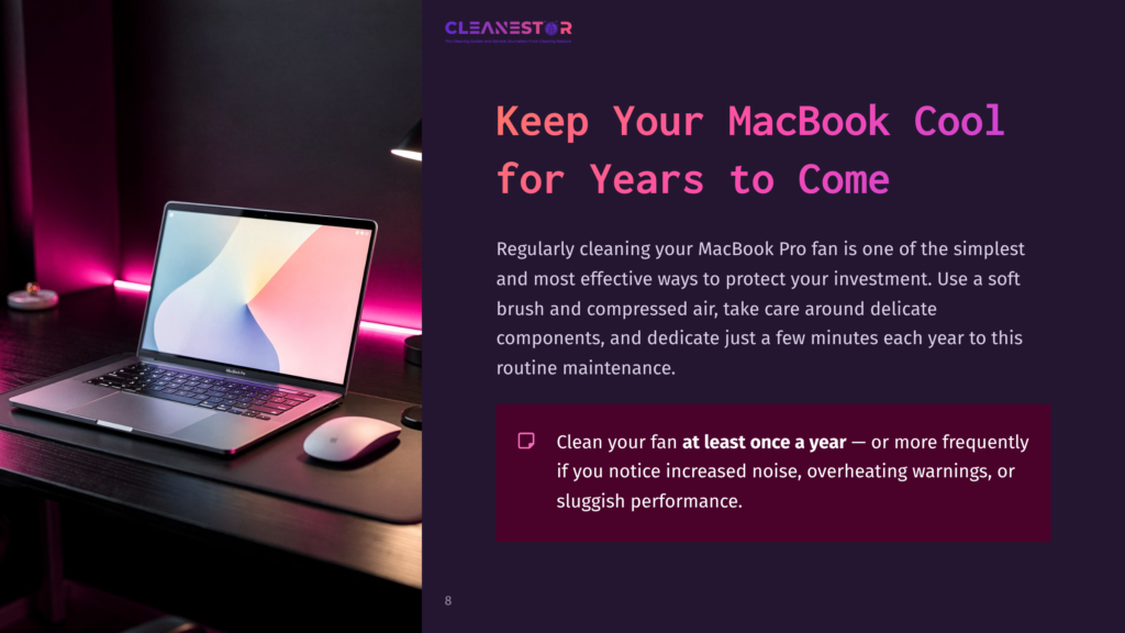 A Laptop On A Desk With Cool Ambient Lighting, Beside A Mouse And A Checklist Emphasizing Fan Cleaning Tips.