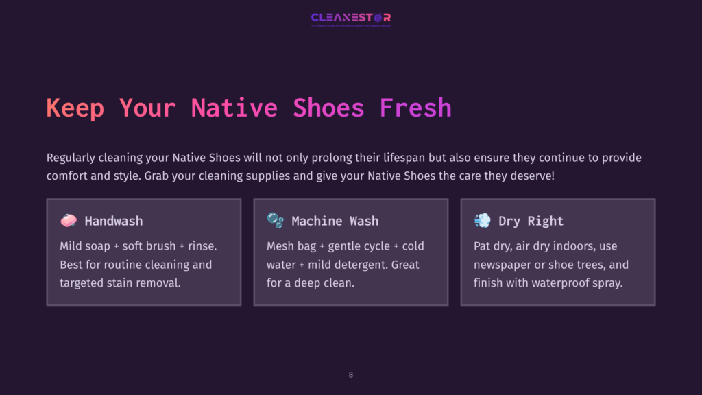 Three Cleaning Methods For Shoes Are Displayed On A Dark Purple Background: A Brush, A Mesh Bag With Water, And Drying Tips Using Newspaper.