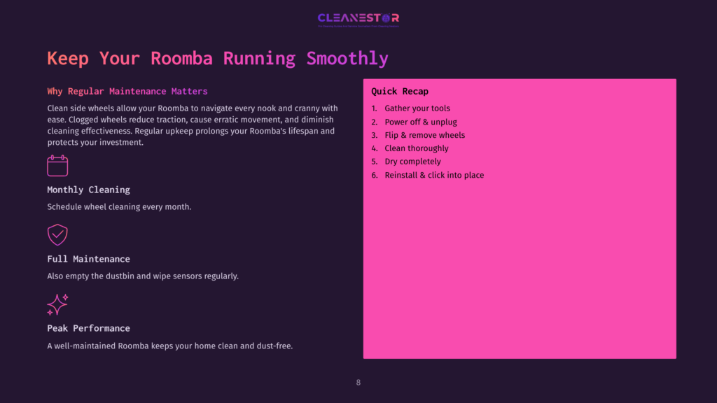 A Dark Purple Slide With The Title &Quot;Keep Your Roomba Running Smoothly&Quot; And Bullet Points About Maintenance, Including &Quot;Monthly Cleaning,&Quot; &Quot;Full Maintenance,&Quot; And &Quot;Peak Performance.&Quot; A Pink Sidebar Lists A &Quot;Quick Recap&Quot; Of Steps.
