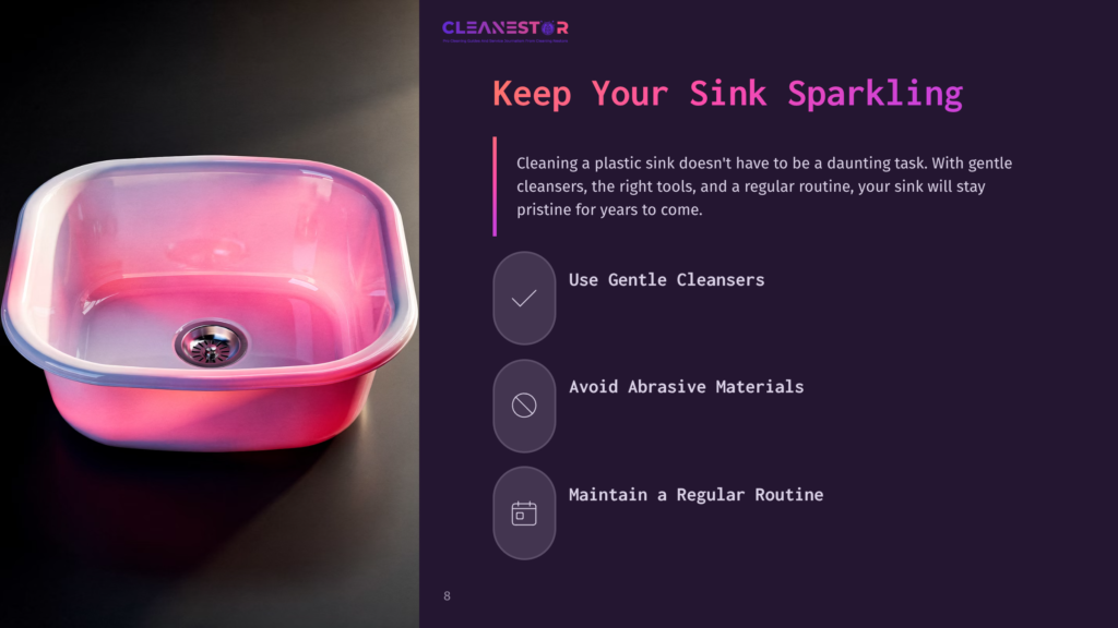 A Pink Plastic Sink With A Silver Drain Is Shown On The Left. To The Right, Text From &Quot;Cleanestor&Quot; Reads &Quot;Keep Your Sink Sparkling&Quot; And Lists Tips: &Quot;Use Gentle Cleansers,&Quot; &Quot;Avoid Abrasive Materials,&Quot; And &Quot;Maintain A Regular Routine.