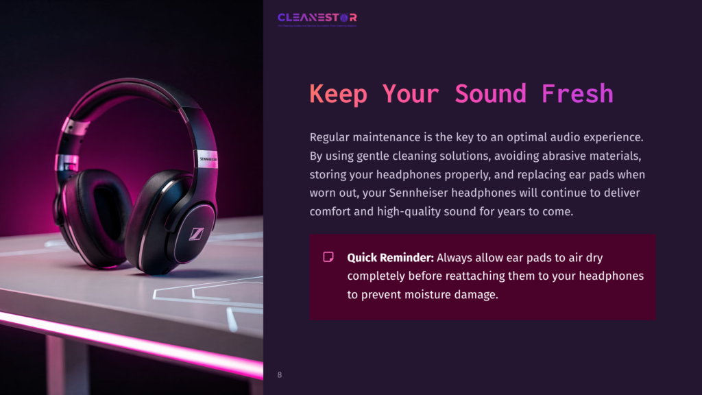 Black Sennheiser Headphones Resting On A Sleek, Illuminated Surface With A Purple And Pink Gradient Background, Accompanied By Cleaning Tips.