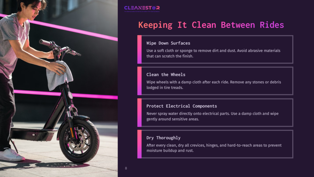 8 Keeping It Clean Between Rides A Person Cleaning A Black Electric Scooter, With Vibrant Pink Highlights In The Background, And Informative Text On Care Tips Beside It.