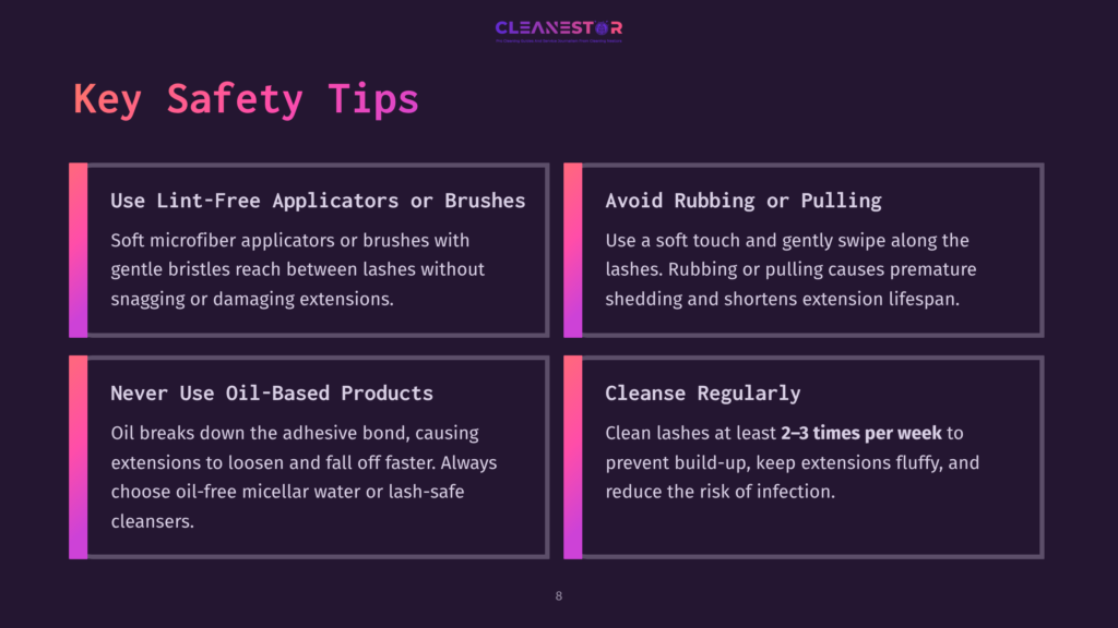 Four Purple Boxes With White Text Provide Safety Tips For Cleaning Eyelash Extensions, Including Applying Techniques And Product Recommendations.