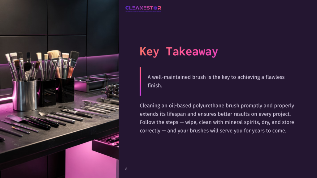 8 Key Takeaway A Neatly Arranged Workspace With Brushes In Holders, A Dark Surface, And A Purple-Lit Background, Emphasizing Clean And Organized Tools.