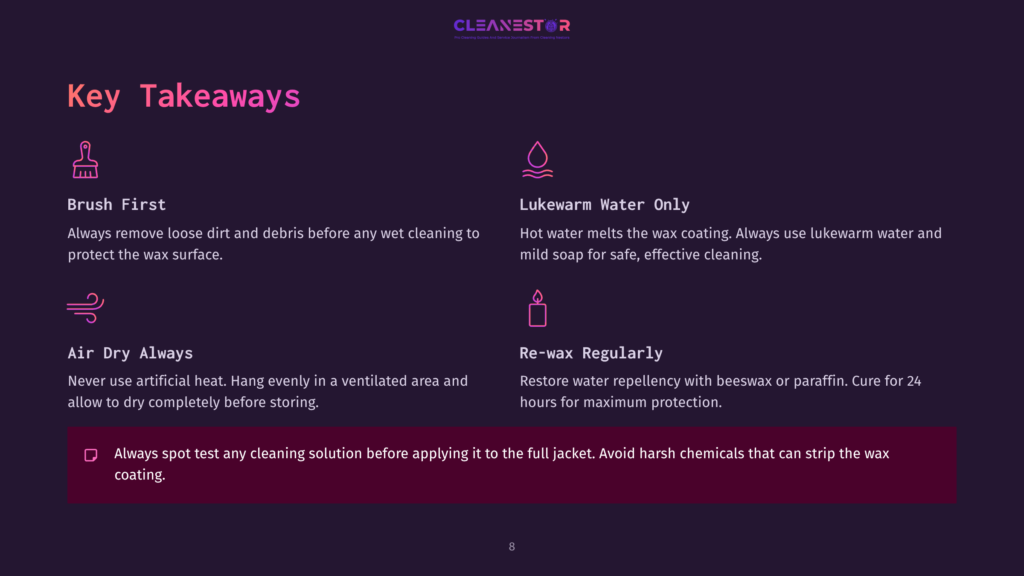 Cleanestor Key Takeaways: Brush First, Air Dry Always, Lukewarm Water Only, Re-Wax Regularly. Spot Test Cleaning Solutions Before Full Application.
