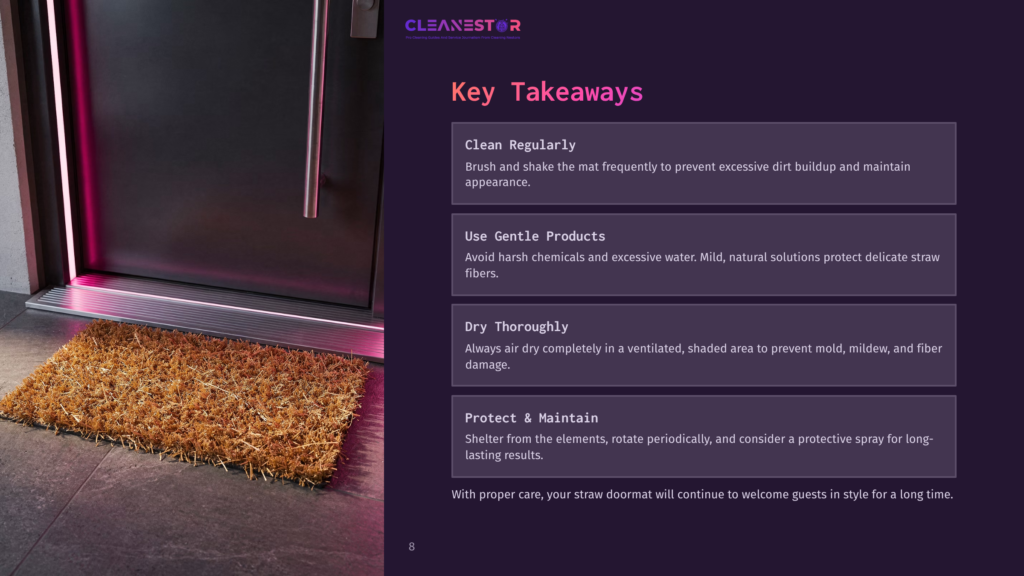 A Close-Up Of A Straw Doormat In Front Of A Door, With A Bright Purple Background Displaying Cleaning Tips In Text.