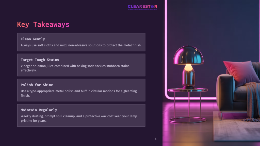 8 Key Takeaways 12 A Modern Living Room Scene With A Sleek, Metallic Floor Lamp With A Glowing Orb, A Black Leather Sofa, And A Plush Pink Cushion. The Image Is Illuminated By Vibrant Purple Neon Lighting, Highlighting The Furniture And Creating A Stylish Ambiance.