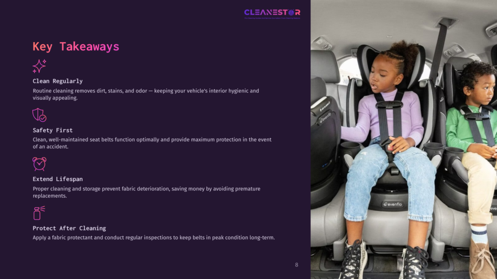 A Young Girl In A Car Seat Is Seated Safely While A Seat Belt Is Visible. The Background Features Dark Colors And Text Outlining Key Takeaways.