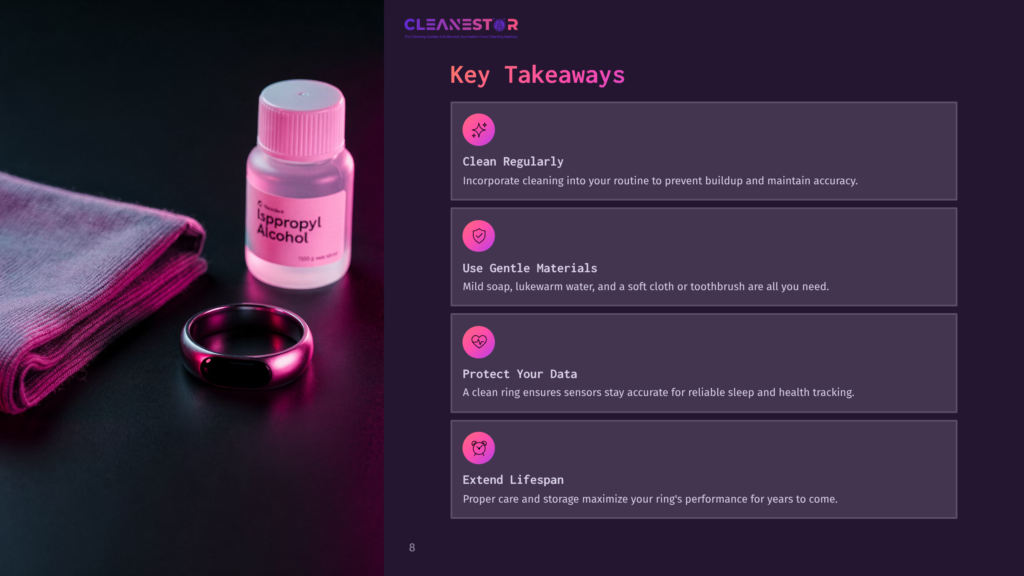A Bottle Of Isopropyl Alcohol Beside A Gray Cloth, With An Oura Ring On The Surface. Text Boxes Outline Cleaning Tips And Benefits.