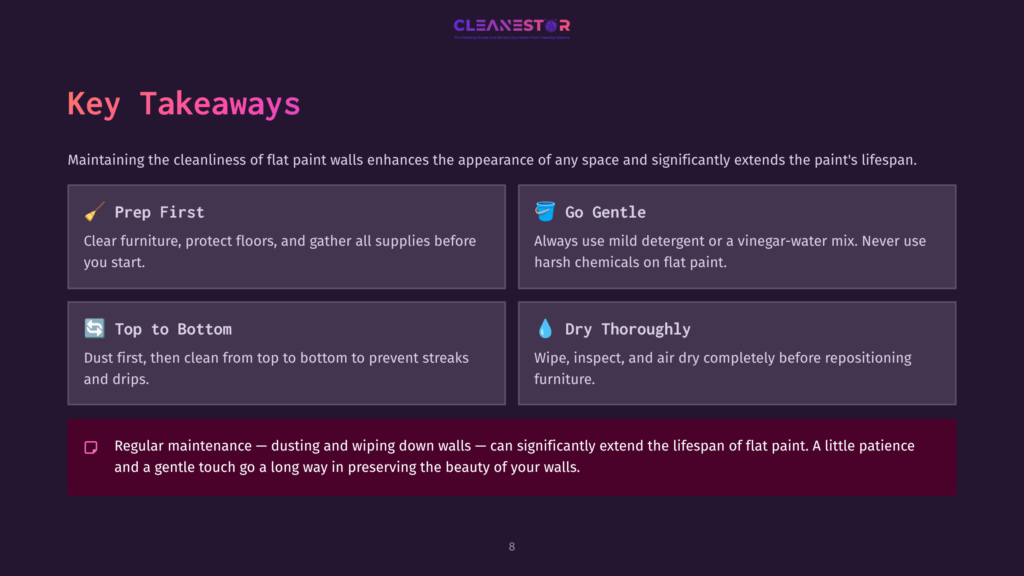 Visual Summary Of Cleaning Flat Paint Walls, Featuring Key Tips In Boxes With Icons, A Dark Background, And A Purple Accent.