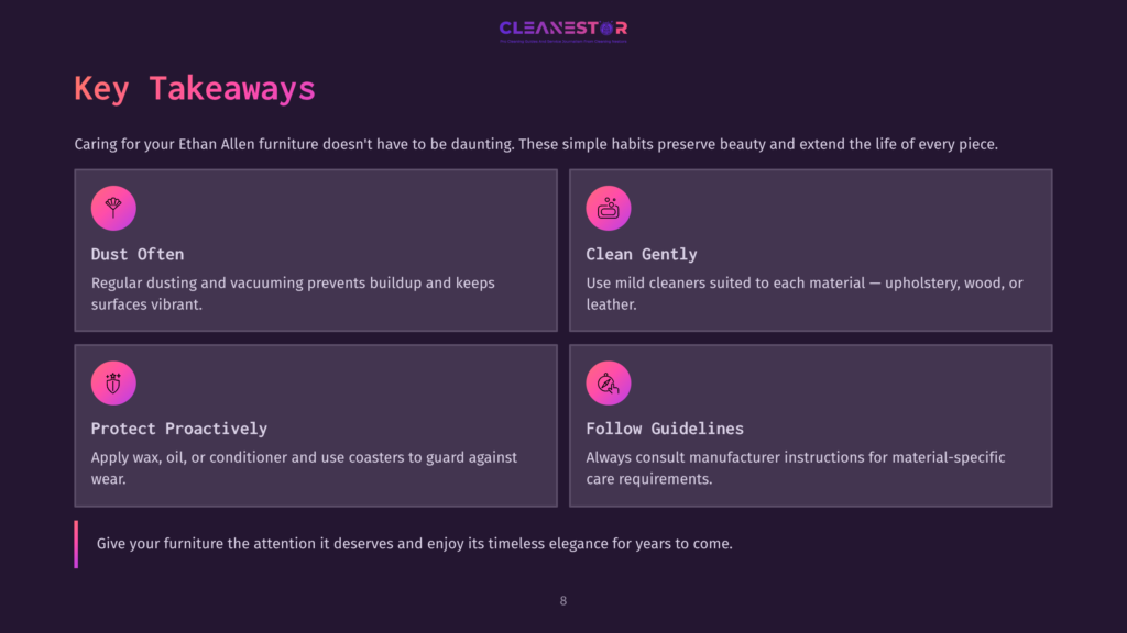 Four Key Takeaways On Cleaning Ethan Allen Furniture, Presented In A Purple And Black Layout With Icons And Concise Text.