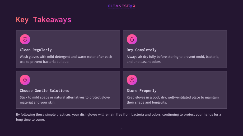 Four Pink Icons In A Dark Layout Highlight Key Tips: Clean Regularly, Choose Gentle Solutions, Dry Completely, And Store Properly.