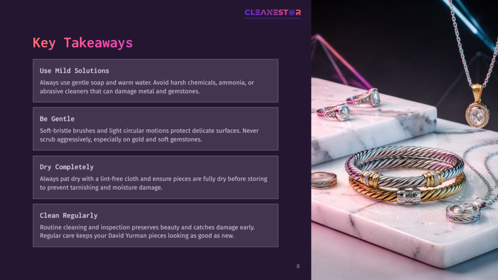 A Marble Surface Displays Various David Yurman Jewelry Pieces, Including Bracelets And Rings, With A Backdrop Of Instructional Text In Vibrant Colors.