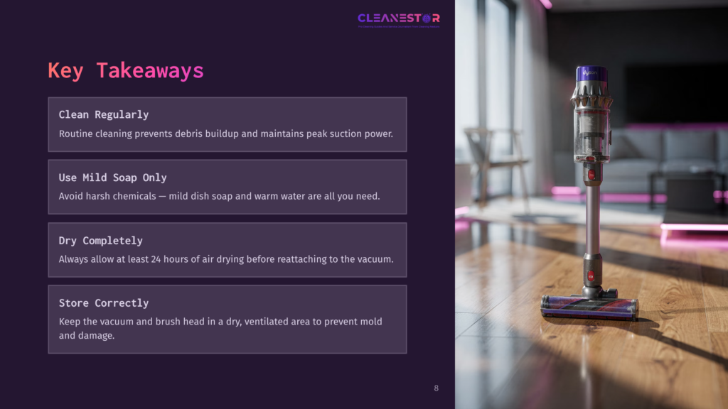 Dyson V11 Brush Head Leaning Against A Wall, With A Purple Background And Key Cleaning Tips Highlighted In White Text On The Left.