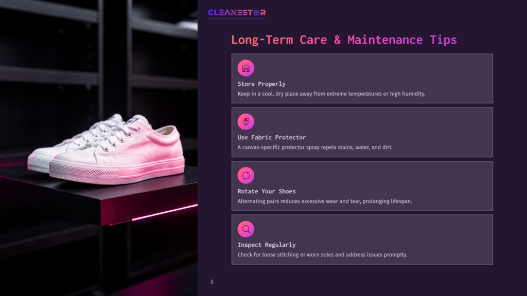 8 Long Term Care And Maintenance Tips 1 Cleanestor Logo And Text: &Quot;Long-Term Care &Amp; Maintenance Tips&Quot; With Icons For Storing Shoes, Fabric Protector, Rotating Shoes, And Inspecting Shoes.