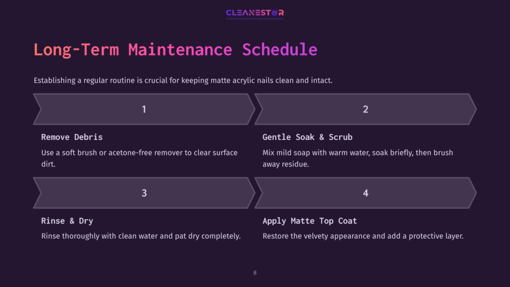 Long-Term Maintenance Schedule For Matte Acrylic Nails: 1. Remove Debris With Soft Brush Or Acetone-Free Remover. 2. Gentle Soak &Amp; Scrub With Mild Soap And Warm Water. 3. Rinse &Amp; Dry Thoroughly. 4. Apply Matte Top Coat For A Protective Layer.