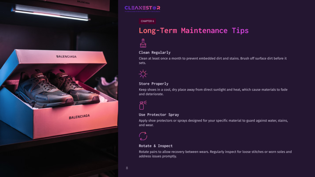 A Pair Of Balenciaga Sneakers Inside A Pink Box, With Tips For Cleaning And Maintaining Shoes Displayed Prominently On A Dark Background.